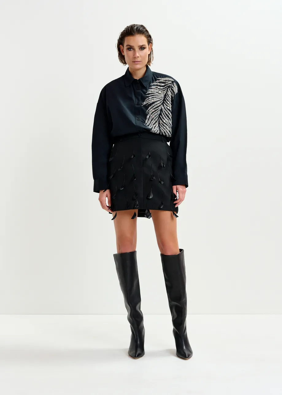 Black and silver oversized cotton shirt with sequin and bead embellishment