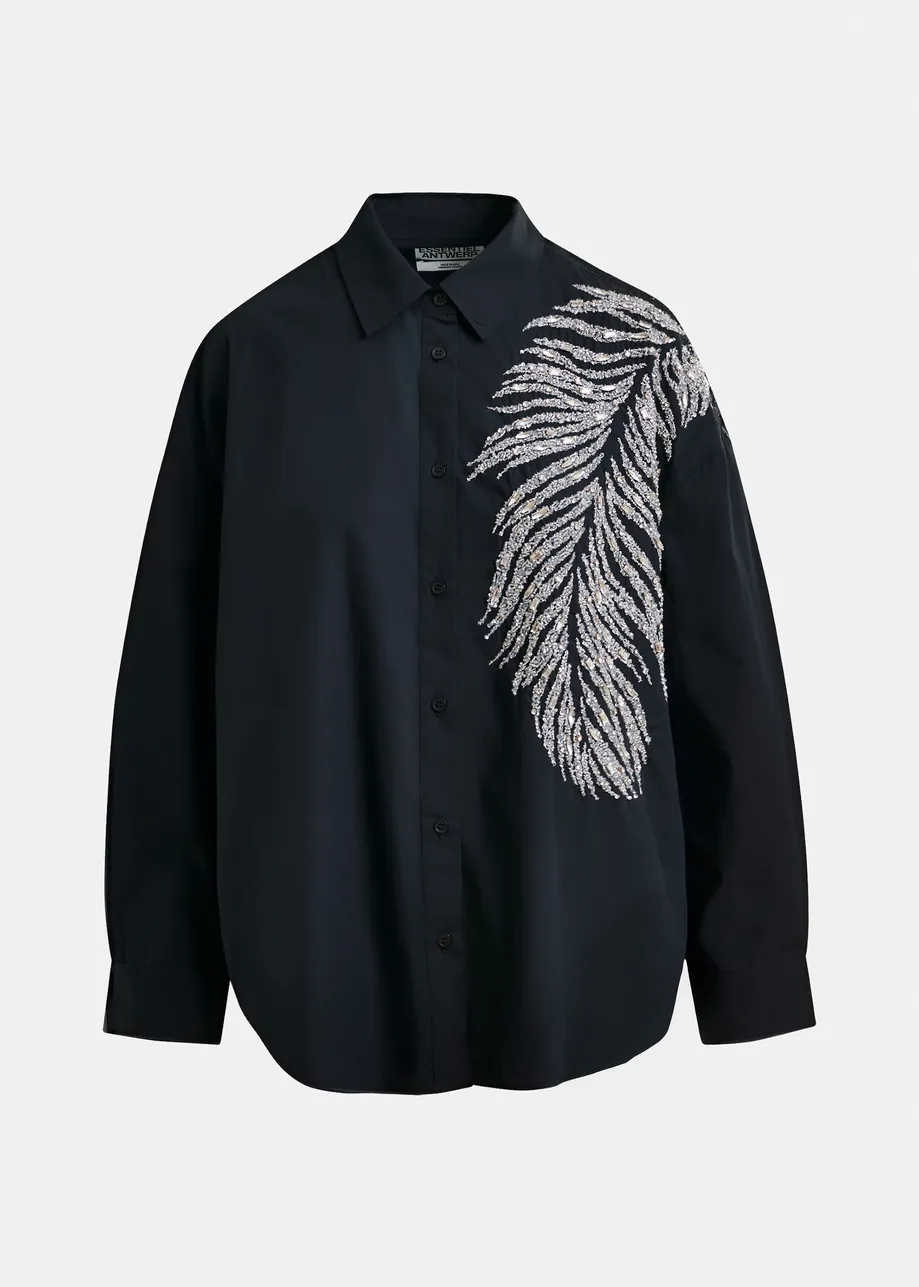 Camisa oversize de algodón con cuentas y lentejuelas, negro y plateado