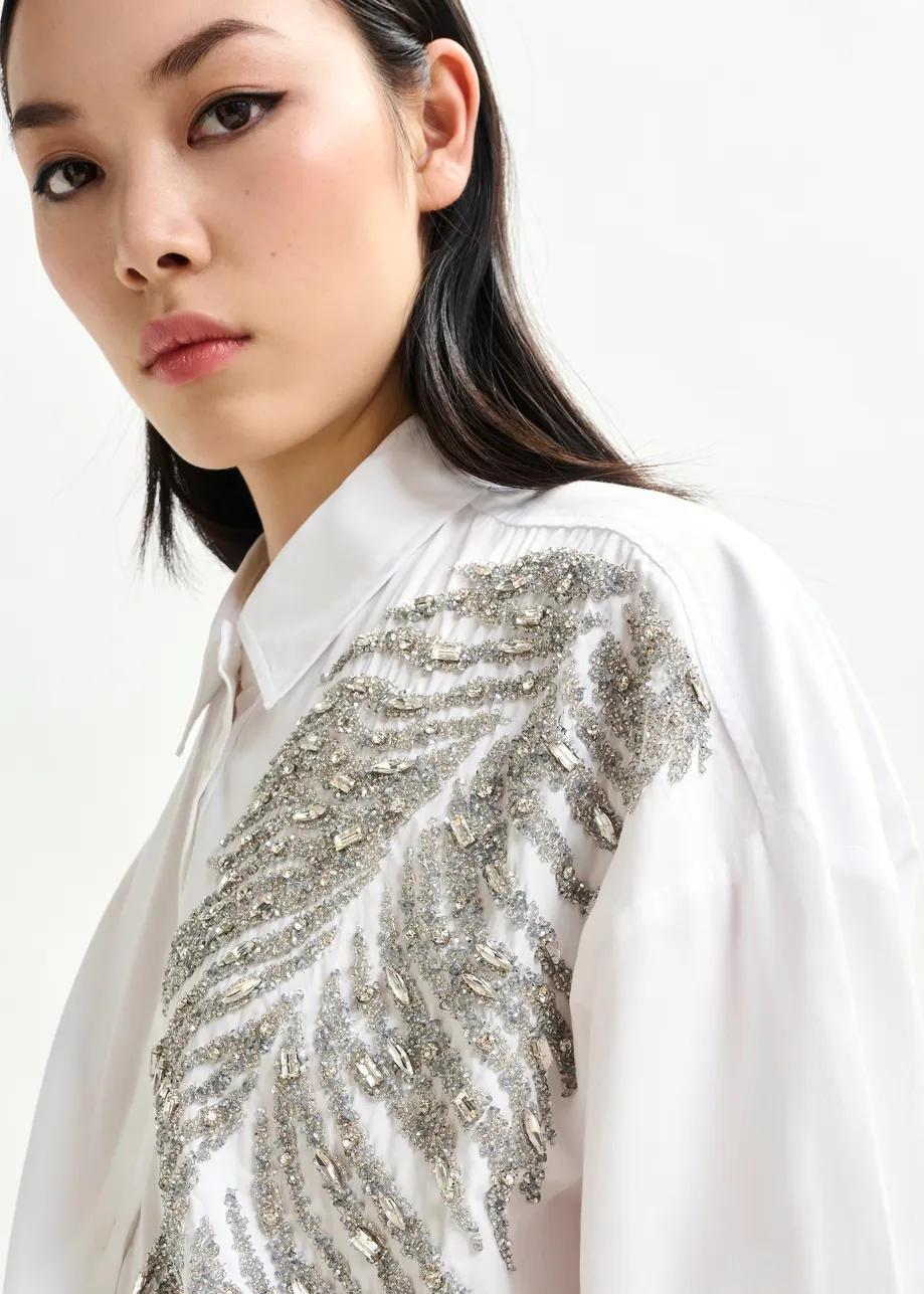 White and silver oversized cotton shirt with sequin and bead embellishment