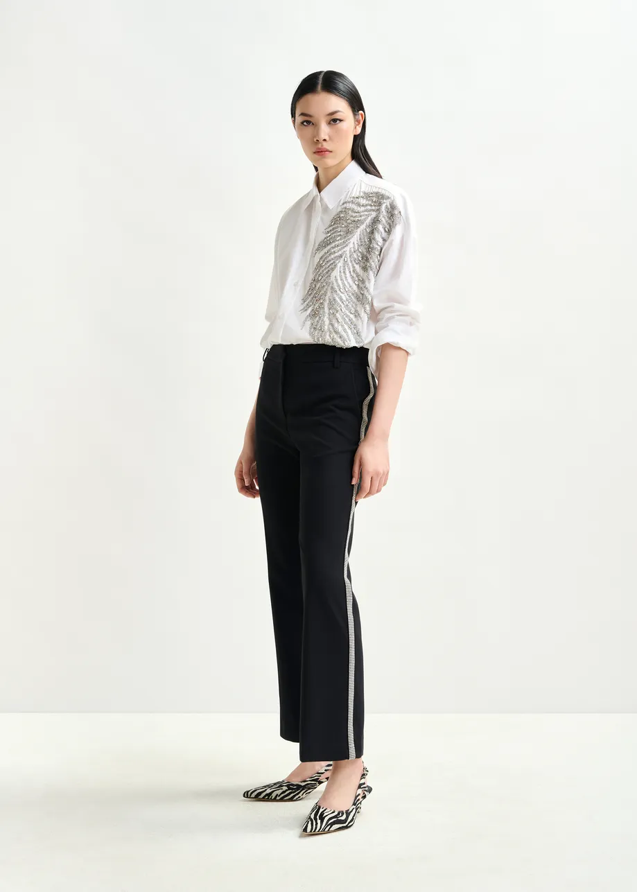 White and silver oversized cotton shirt with sequin and bead embellishment