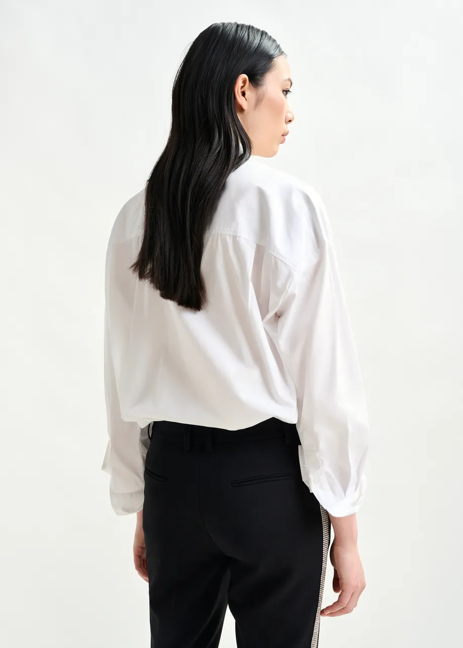 White and silver oversized cotton shirt with sequin and bead embellishment