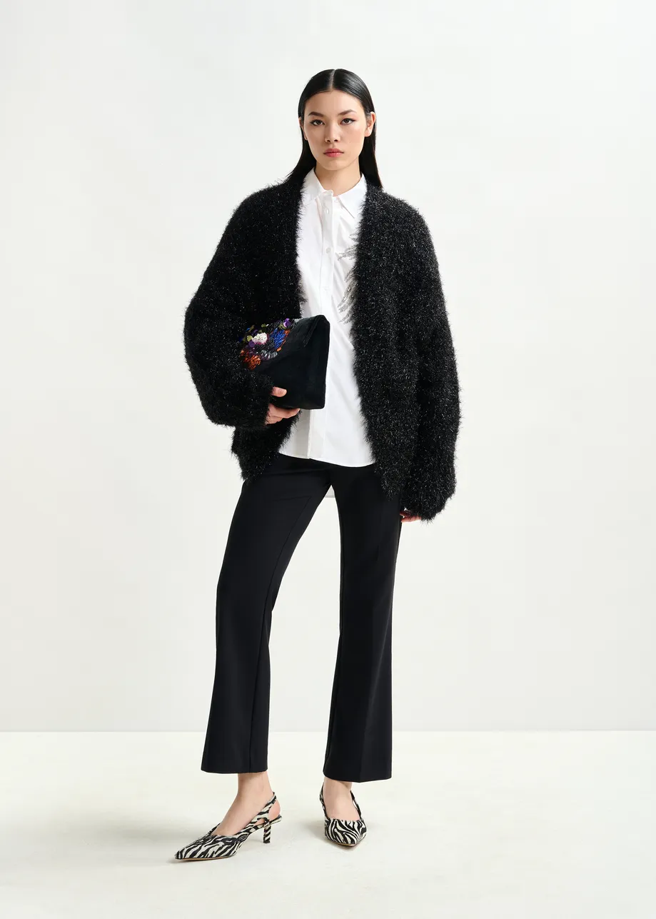 White and silver oversized cotton shirt with sequin and bead embellishment