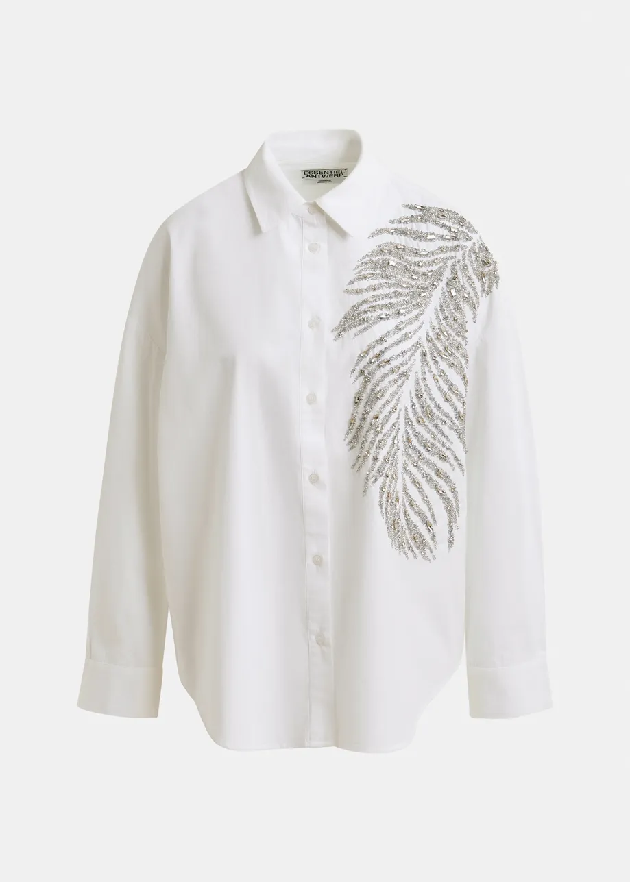 Camicia bianca e argento oversize in cotone con decorazioni in paillettes e perline