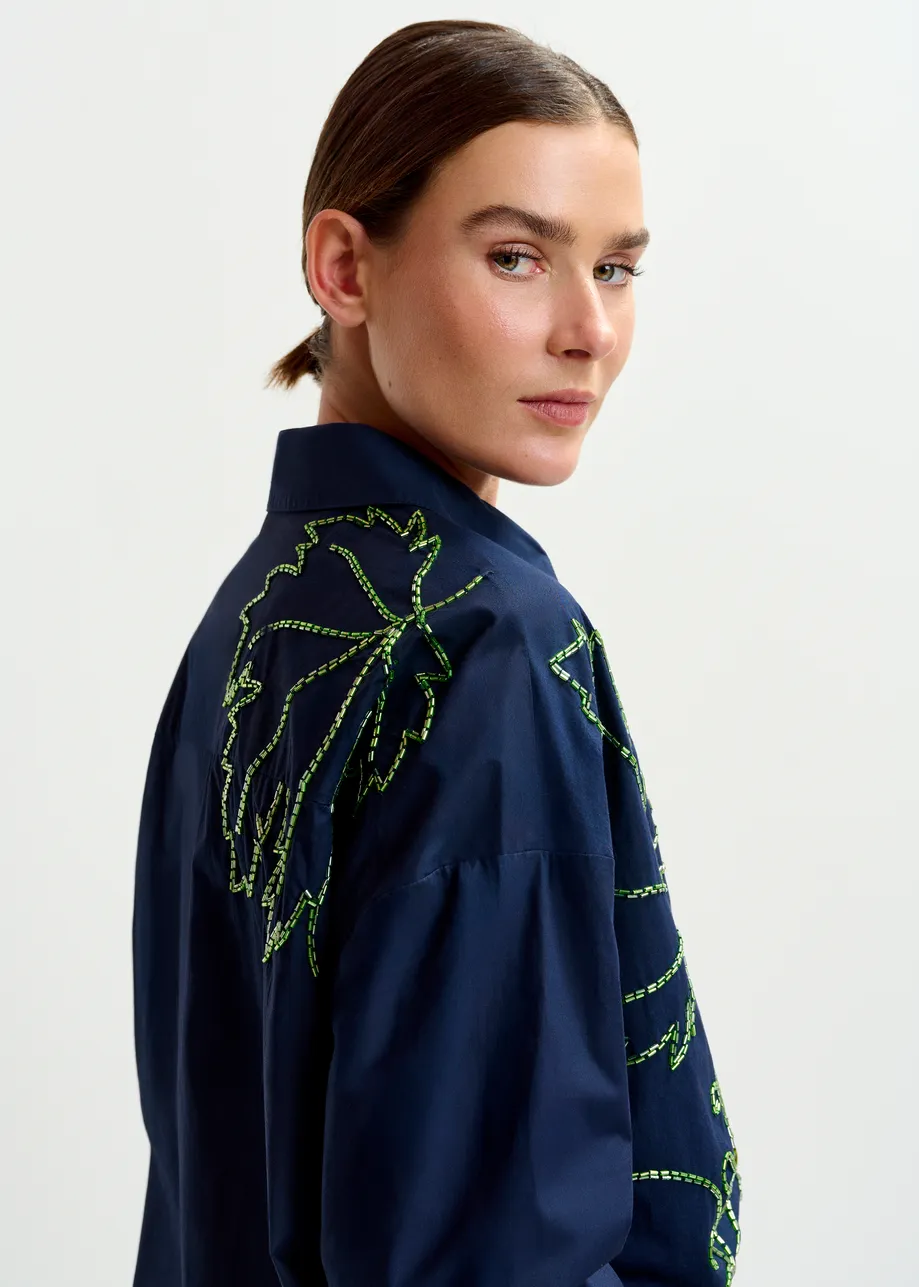 Navy oversized cotton shirt with bead embellished embroideries