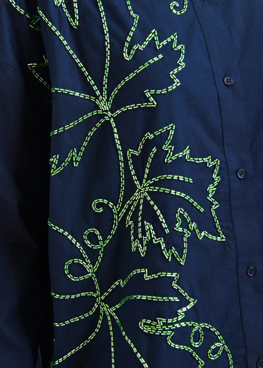 Navy oversized cotton shirt with bead embellished embroideries