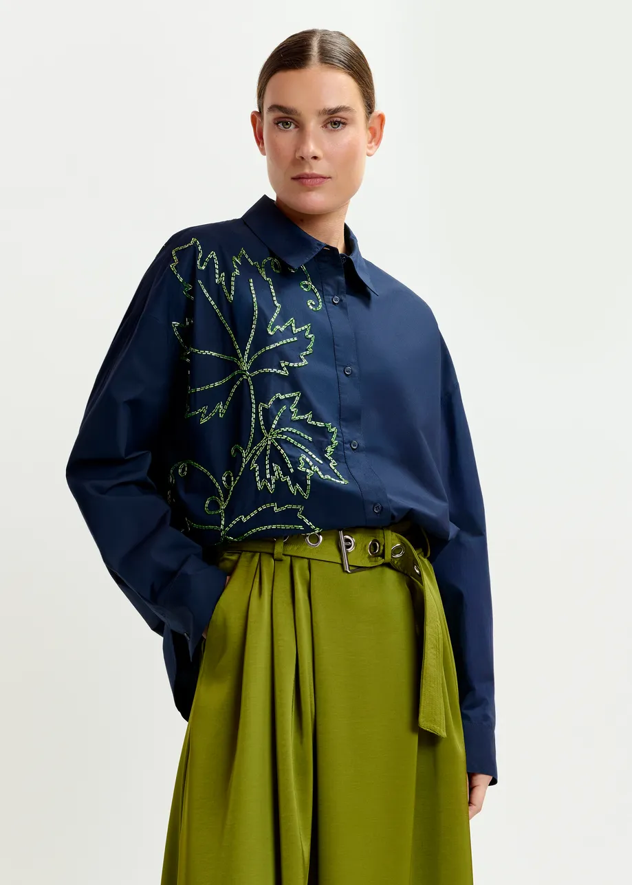 Navy oversized cotton shirt with bead embellished embroideries