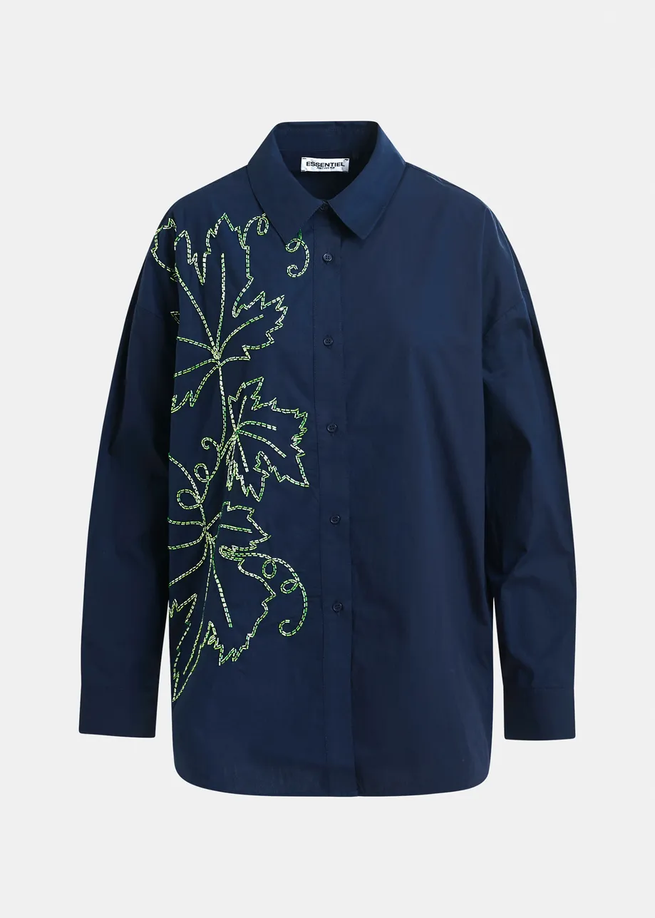 Navy oversized cotton shirt with bead embellished embroideries