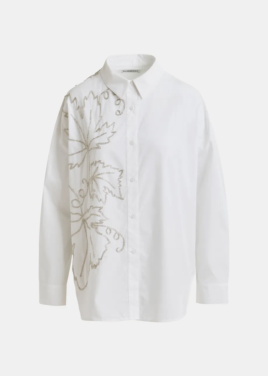 White oversized cotton shirt with bead embellished embroideries