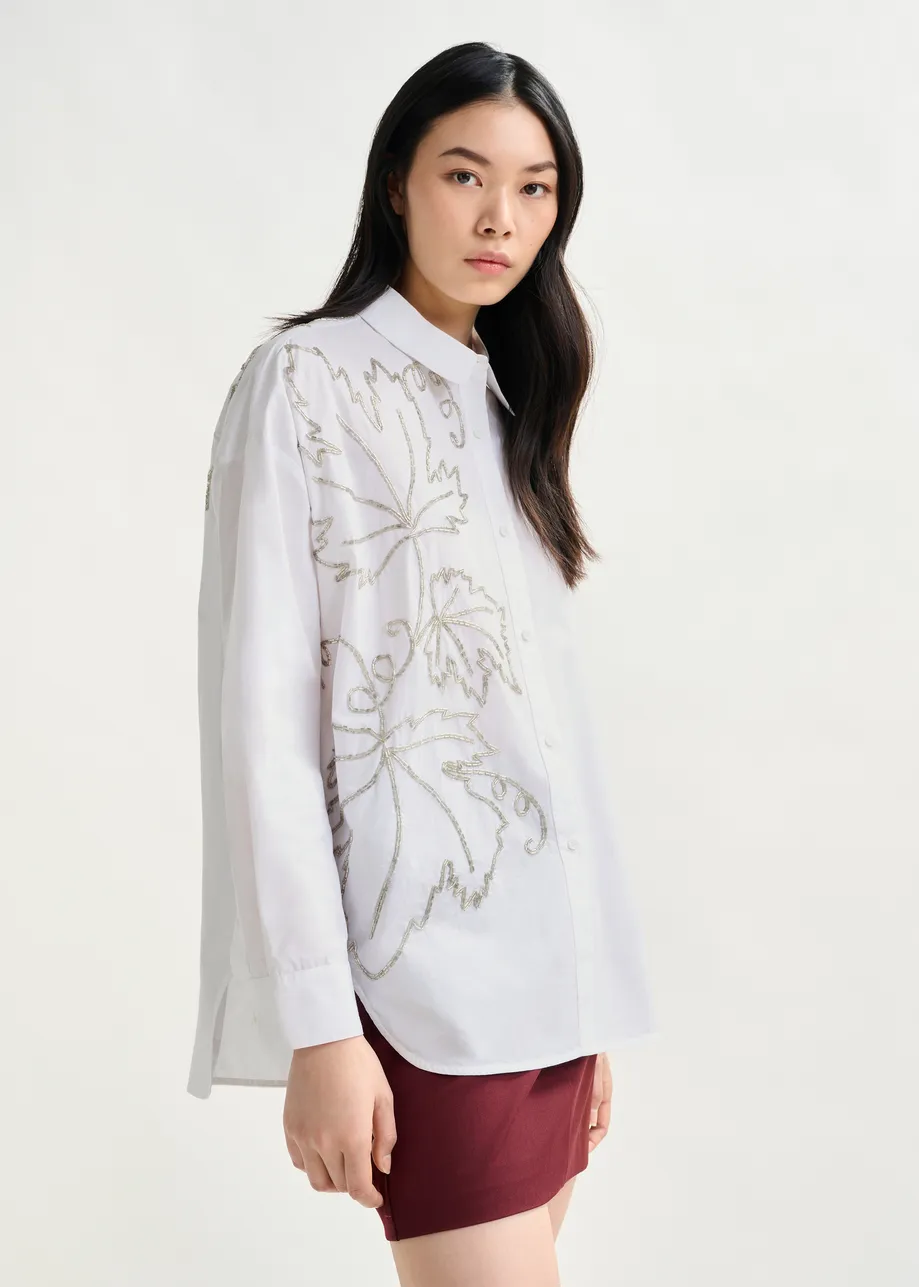 White oversized cotton shirt with bead embellished embroideries