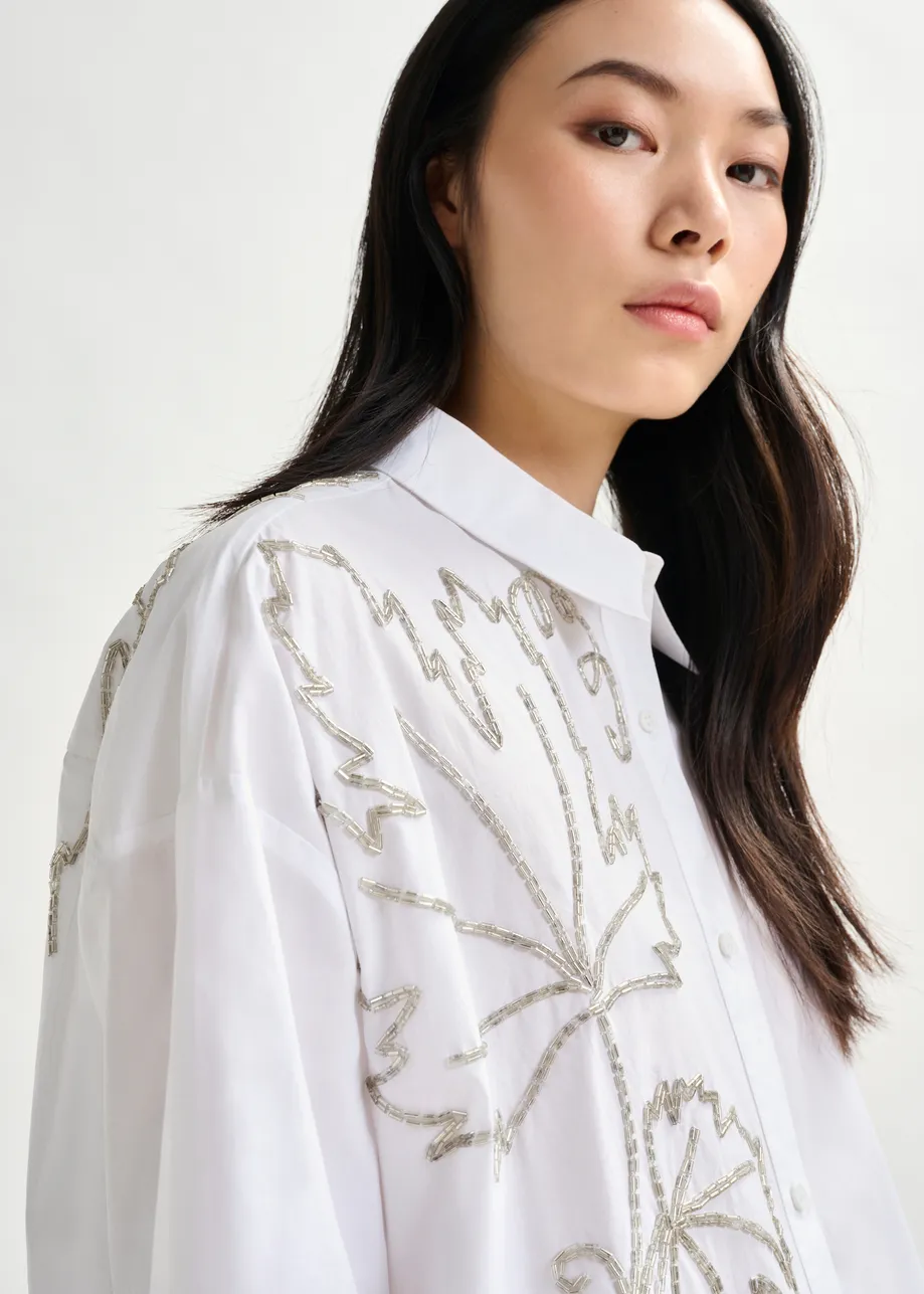 White oversized cotton shirt with bead embellished embroideries