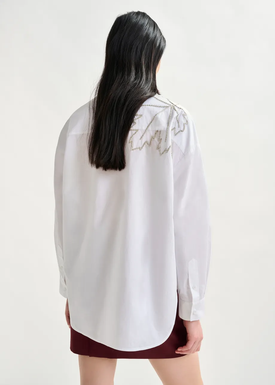 White oversized cotton shirt with bead embellished embroideries