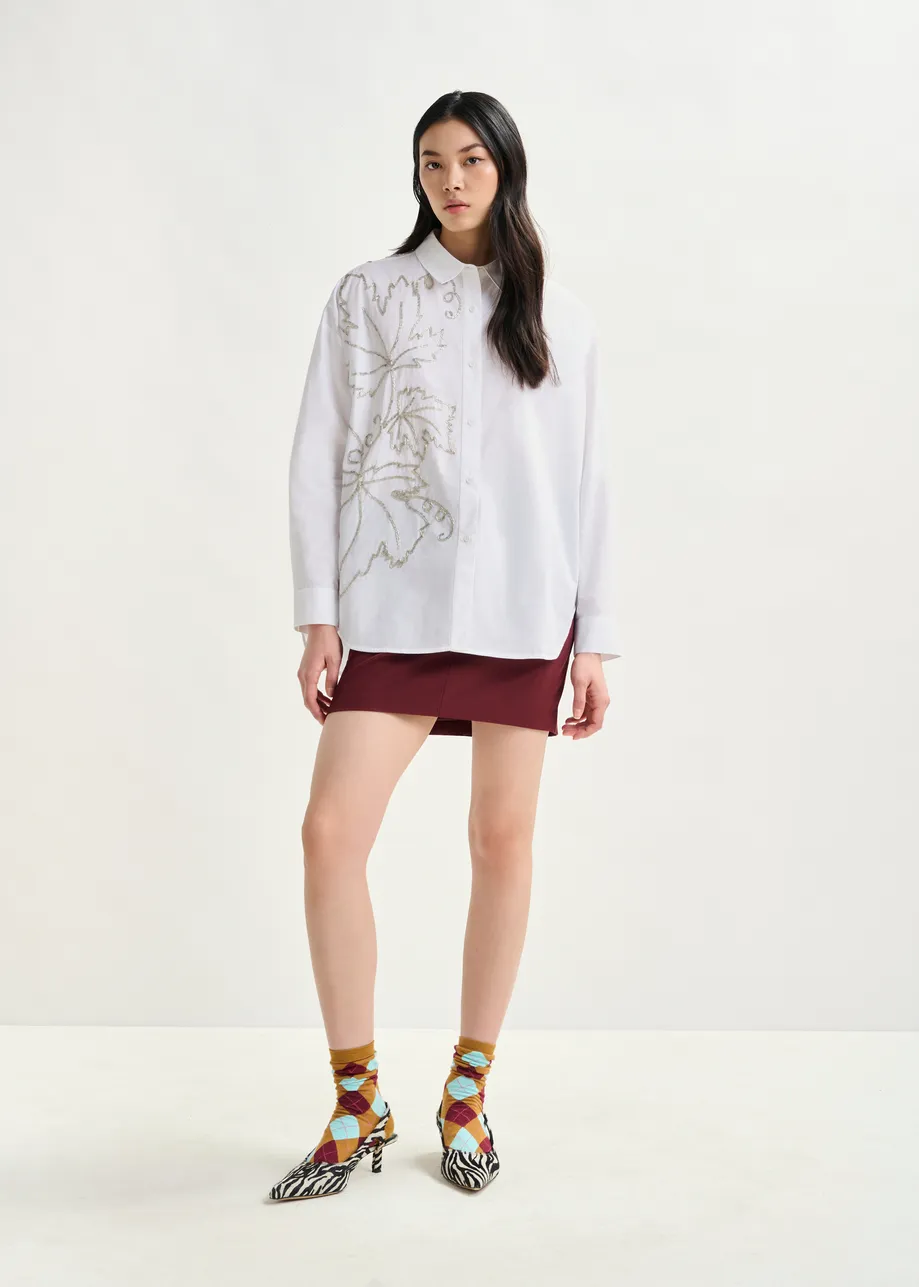White oversized cotton shirt with bead embellished embroideries