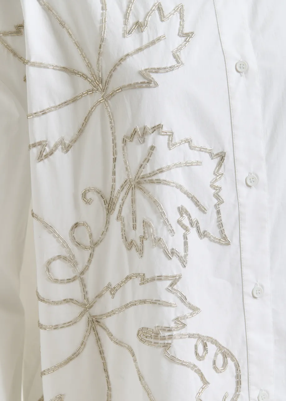 White oversized cotton shirt with bead embellished embroideries