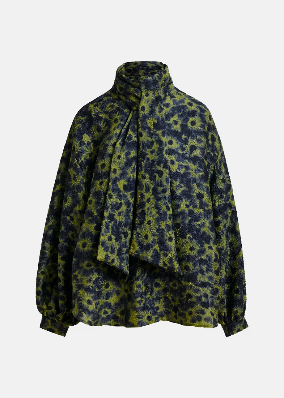 Khaki and dark blue floral jacquard shirt with pussy bow