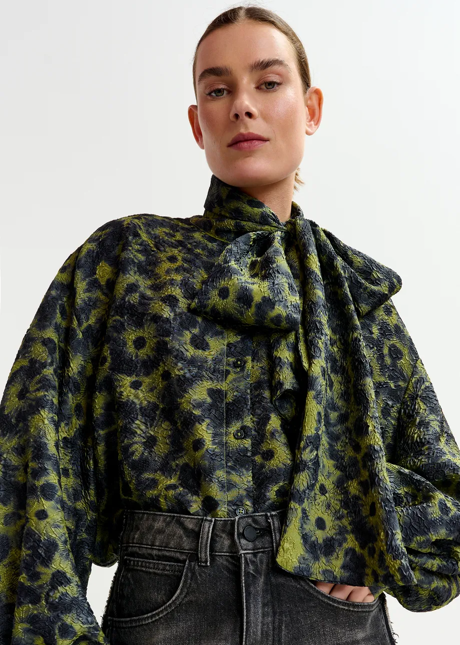 Khaki and dark blue floral jacquard shirt with pussy bow