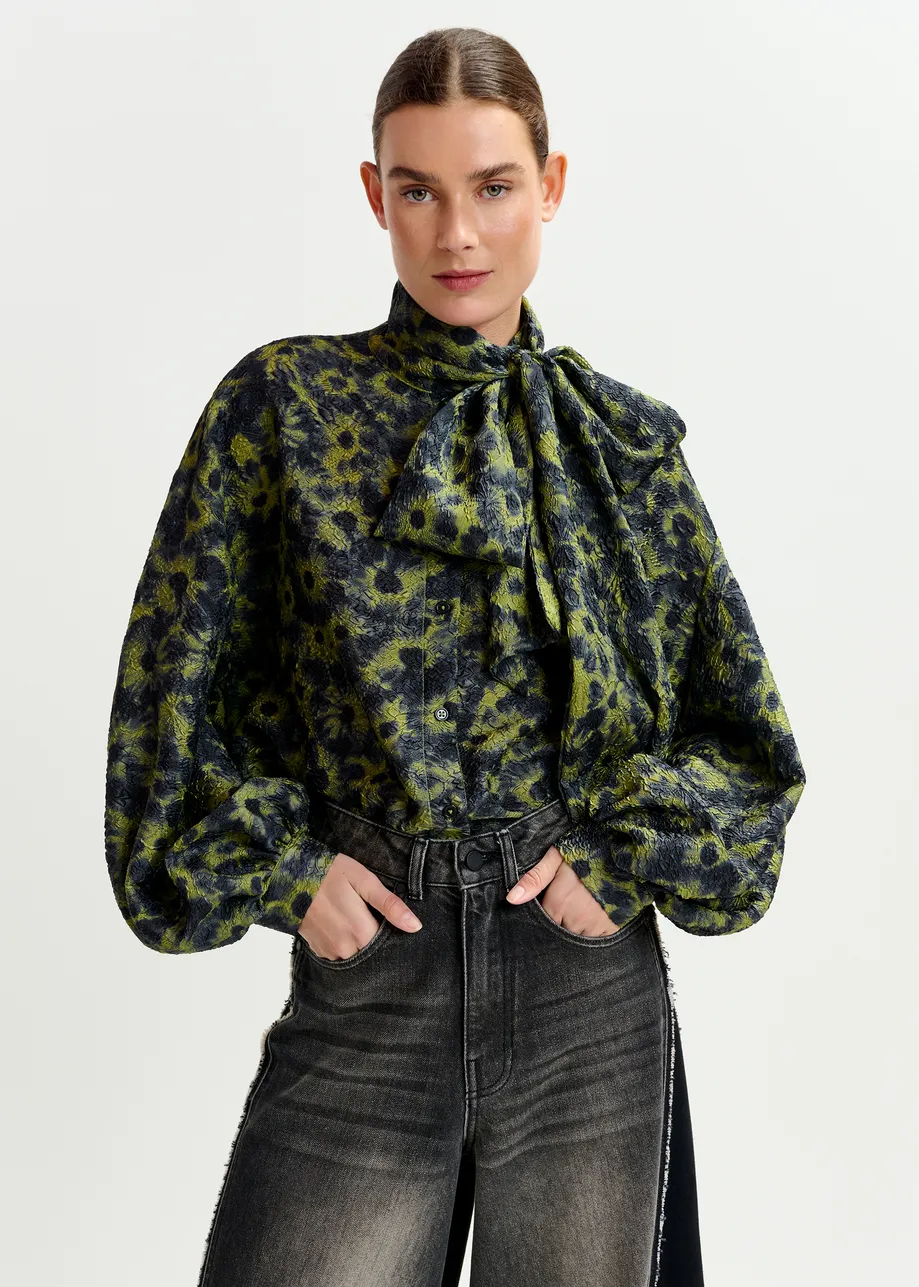 Khaki and dark blue floral jacquard shirt with pussy bow