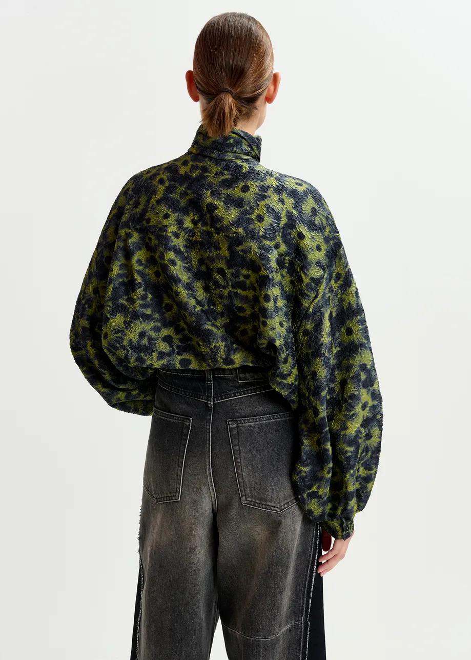 Khaki and dark blue floral jacquard shirt with pussy bow