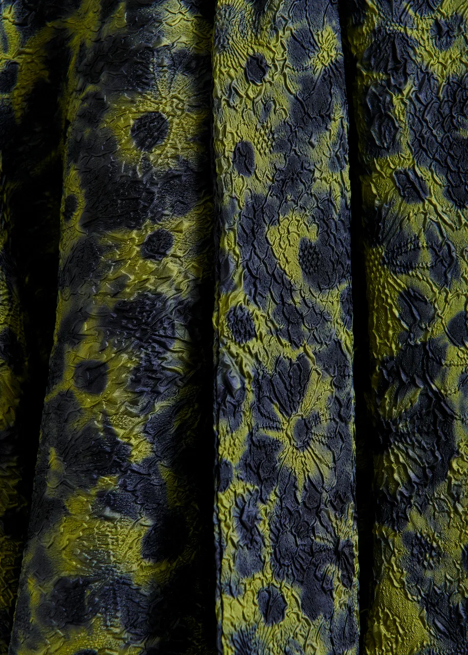 Khaki and dark blue floral jacquard shirt with pussy bow