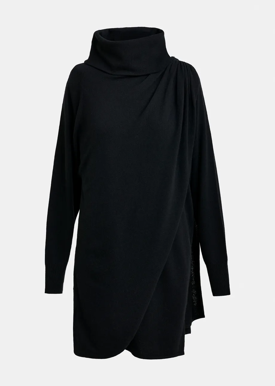 Black draped wool-blend asymmetrical knit dress