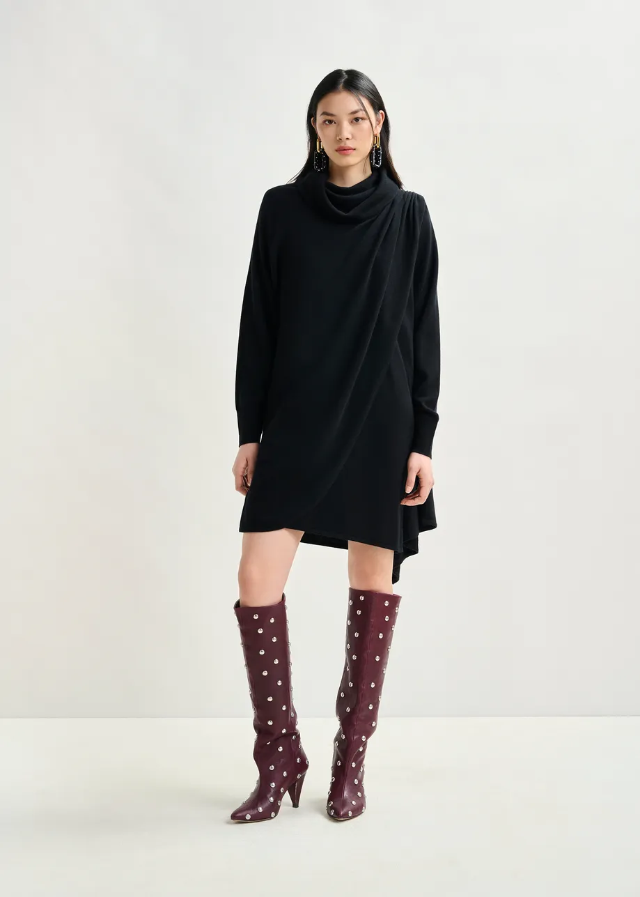 Black draped wool-blend asymmetrical knit dress
