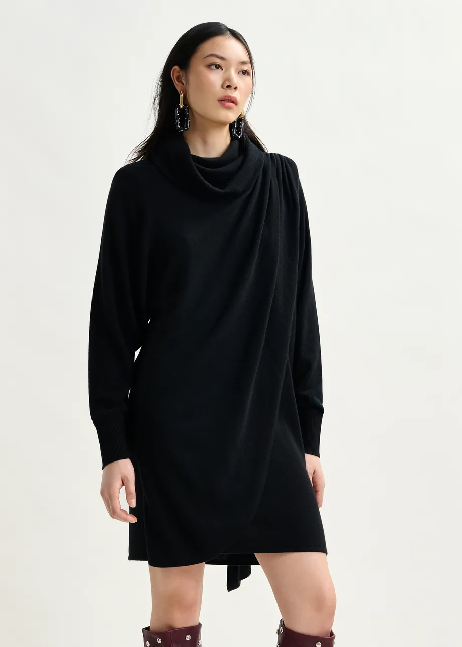 Black draped wool-blend asymmetrical knit dress