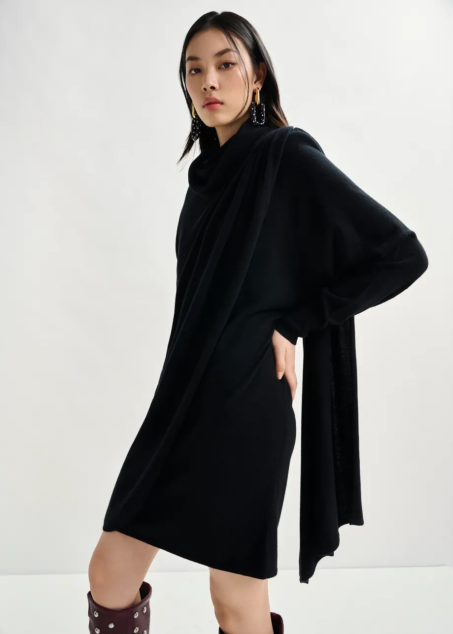 Black draped wool-blend asymmetrical knit dress
