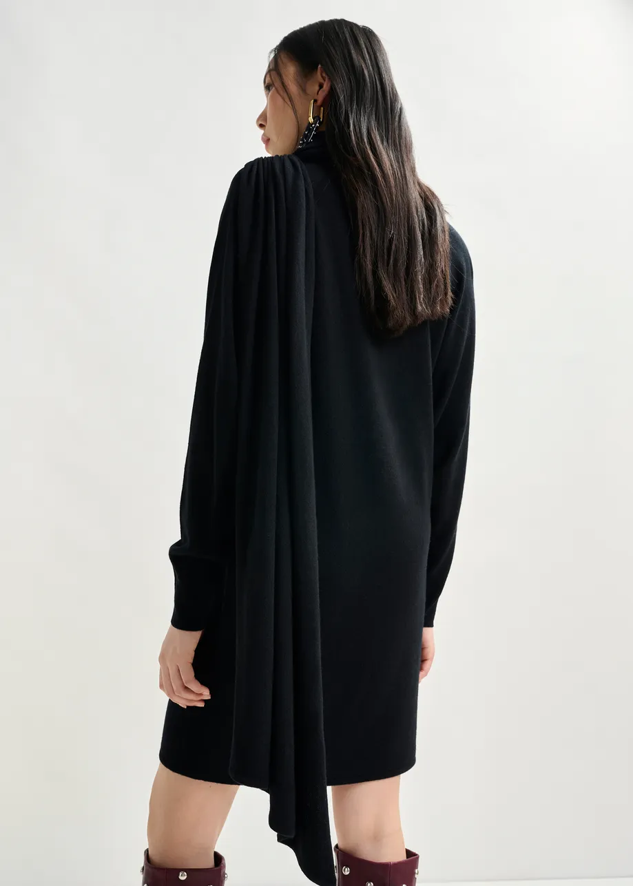 Black draped wool-blend asymmetrical knit dress