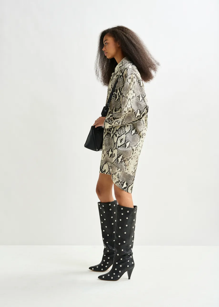 Green, beige and black snakeprint minidress