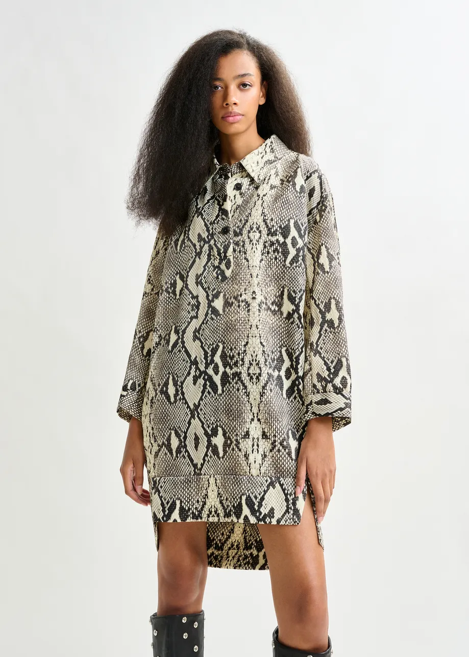 Green, beige and black snakeprint minidress