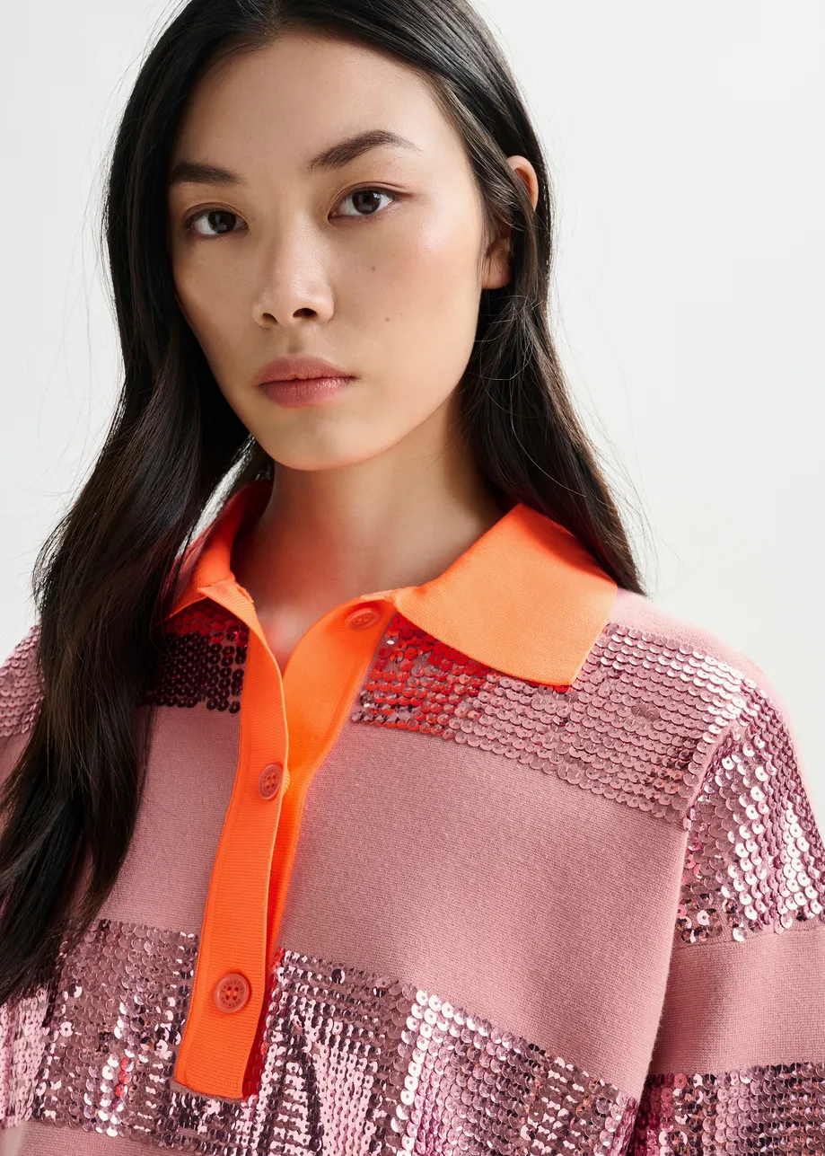 Polo à rayures et paillettes vieux rose et orange