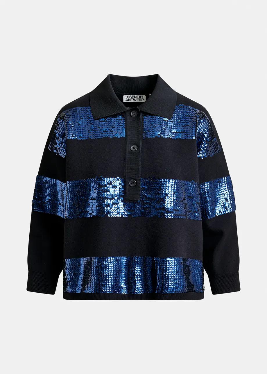Navy and blue striped sequin-embellished polo