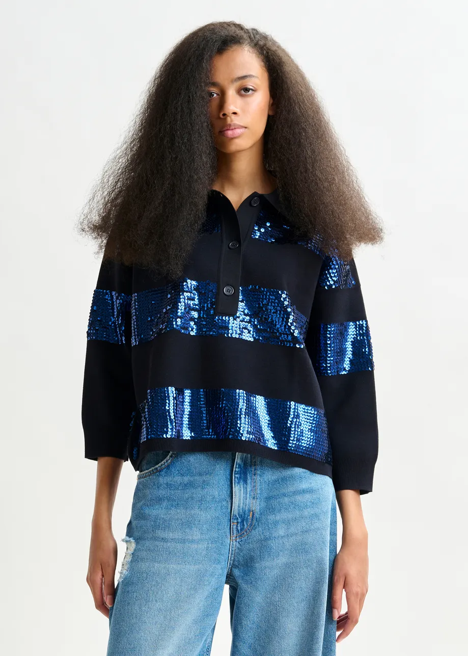 Navy and blue striped sequin-embellished polo