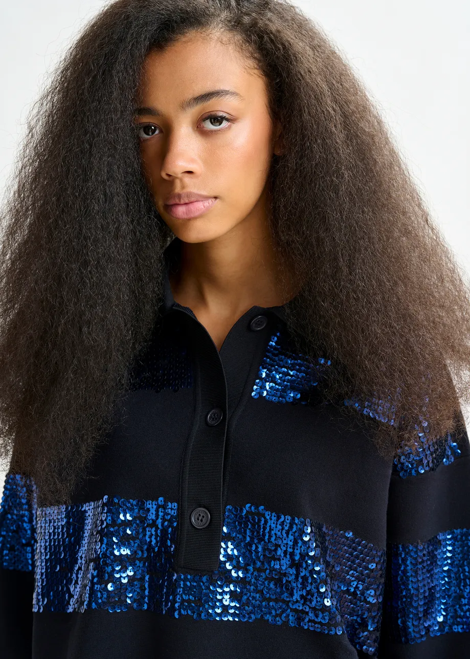 Navy and blue striped sequin-embellished polo