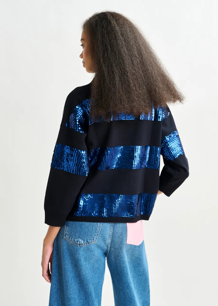 Navy and blue striped sequin-embellished polo