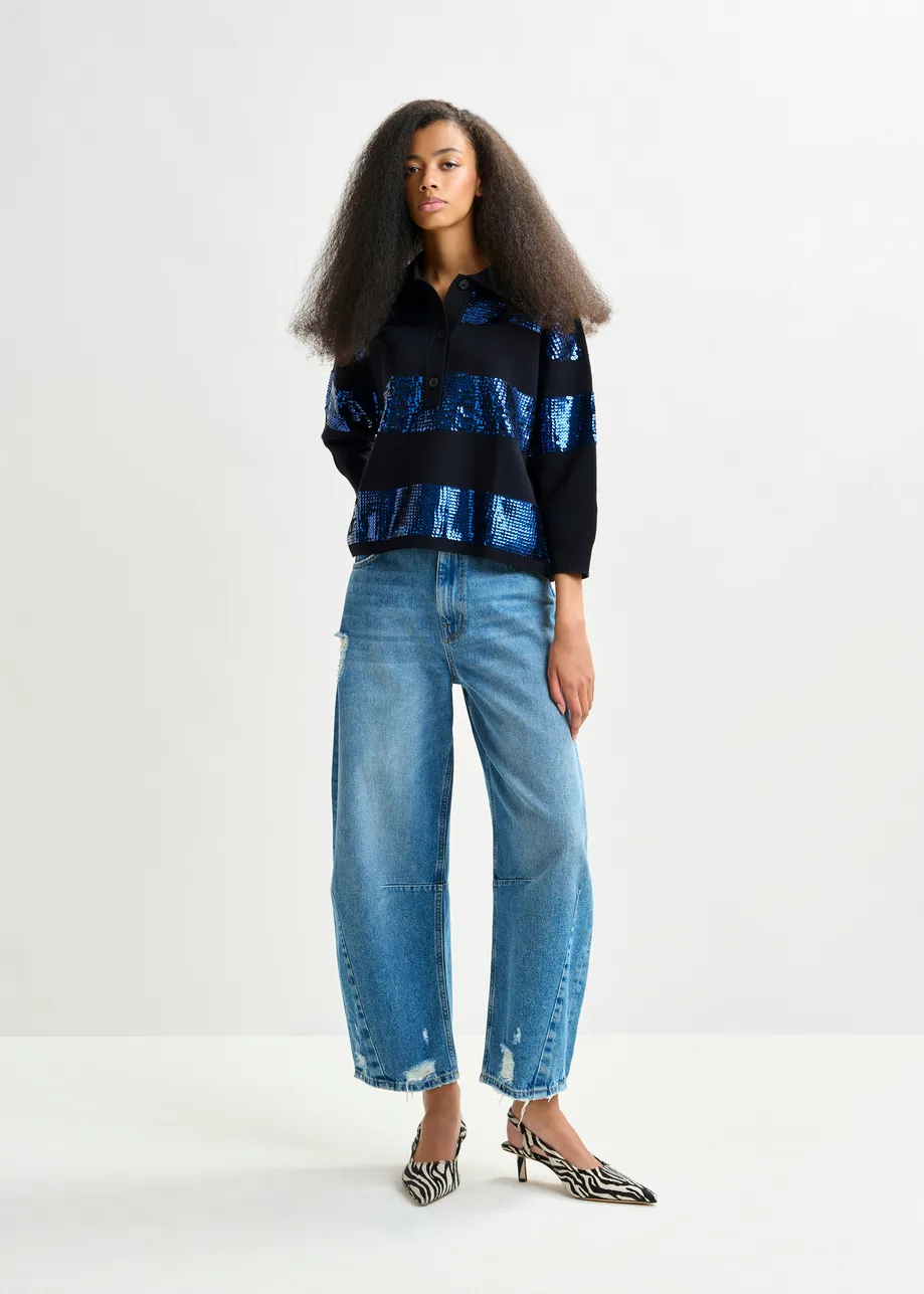 Navy and blue striped sequin-embellished polo