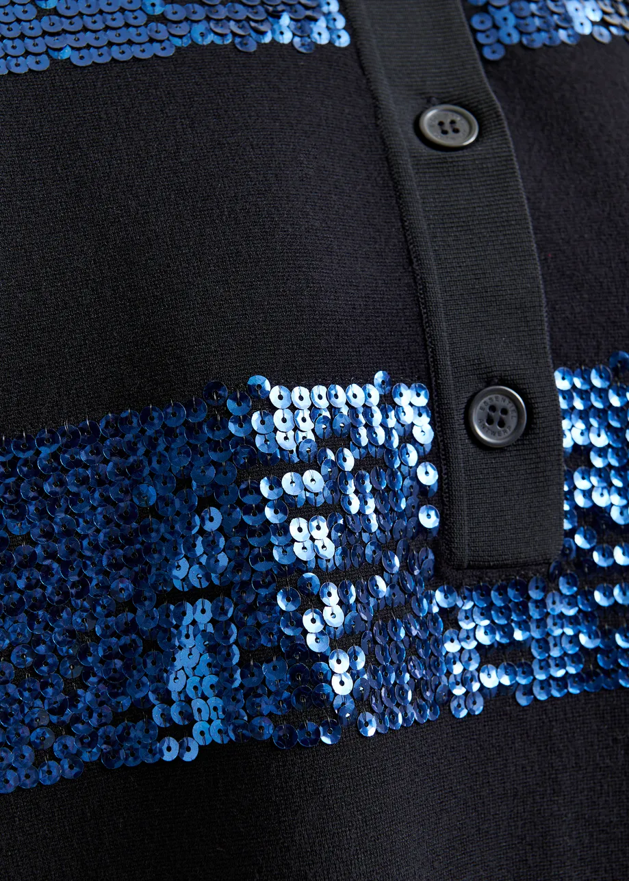 Navy and blue striped sequin-embellished polo