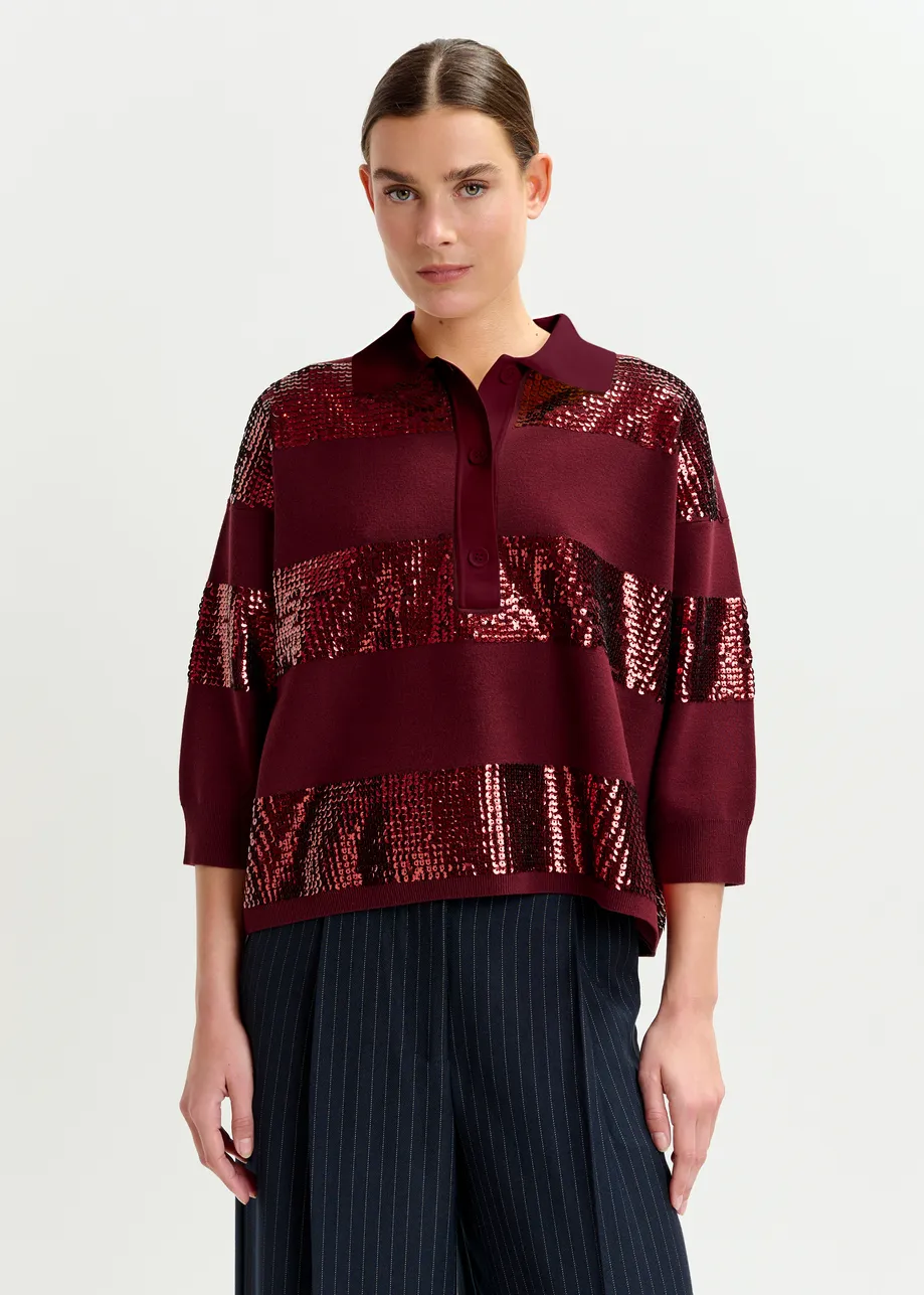 Polo à rayures et paillettes bordeaux