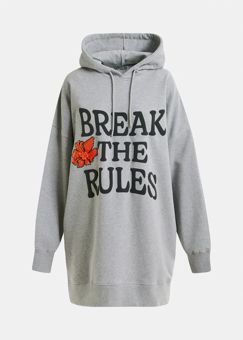 Grey, black and orange cotton hoodie mini dress with sequin and-bead embroideries
