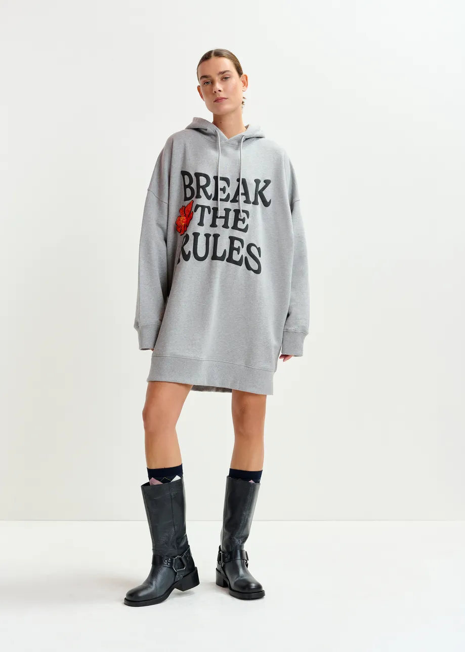 Grey, black and orange cotton hoodie mini dress with sequin and-bead embroideries
