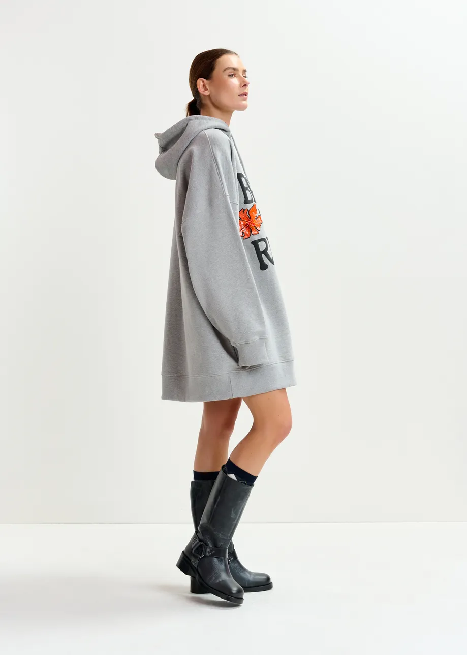 Grey, black and orange cotton hoodie mini dress with sequin and-bead embroideries

