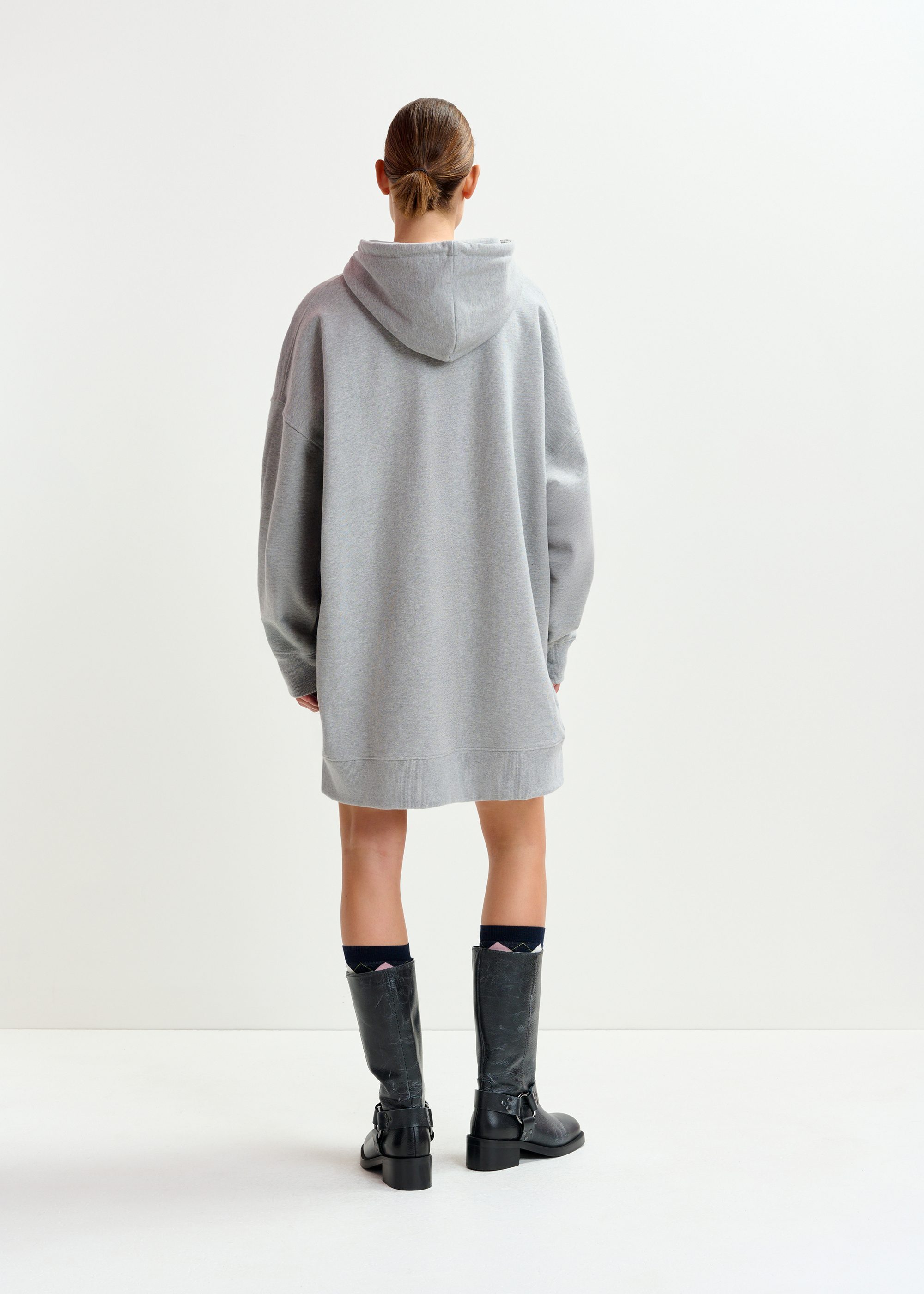 Grey, black and orange cotton hoodie mini dress with sequin and