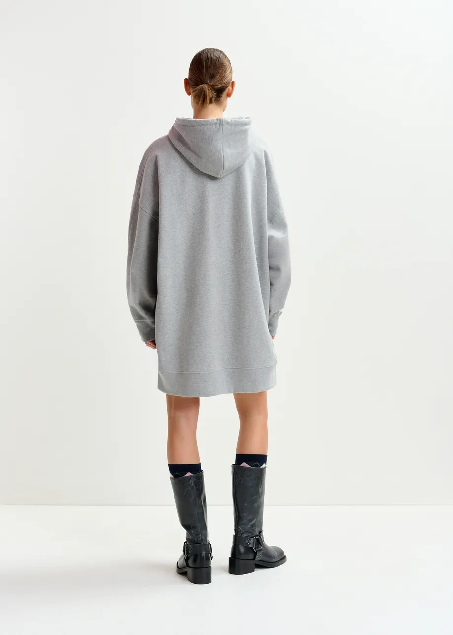 Grey, black and orange cotton hoodie mini dress with sequin and-bead embroideries
