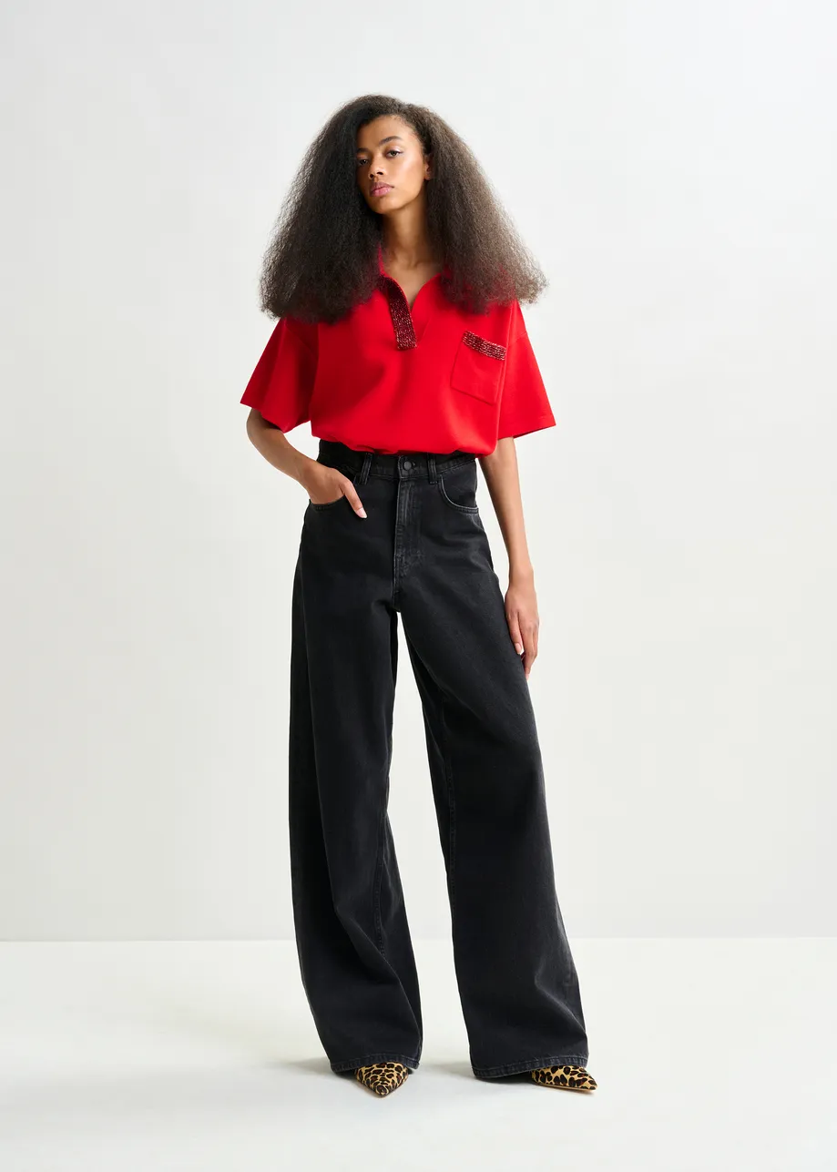 Black organic cotton  wide-leg baggy jeans