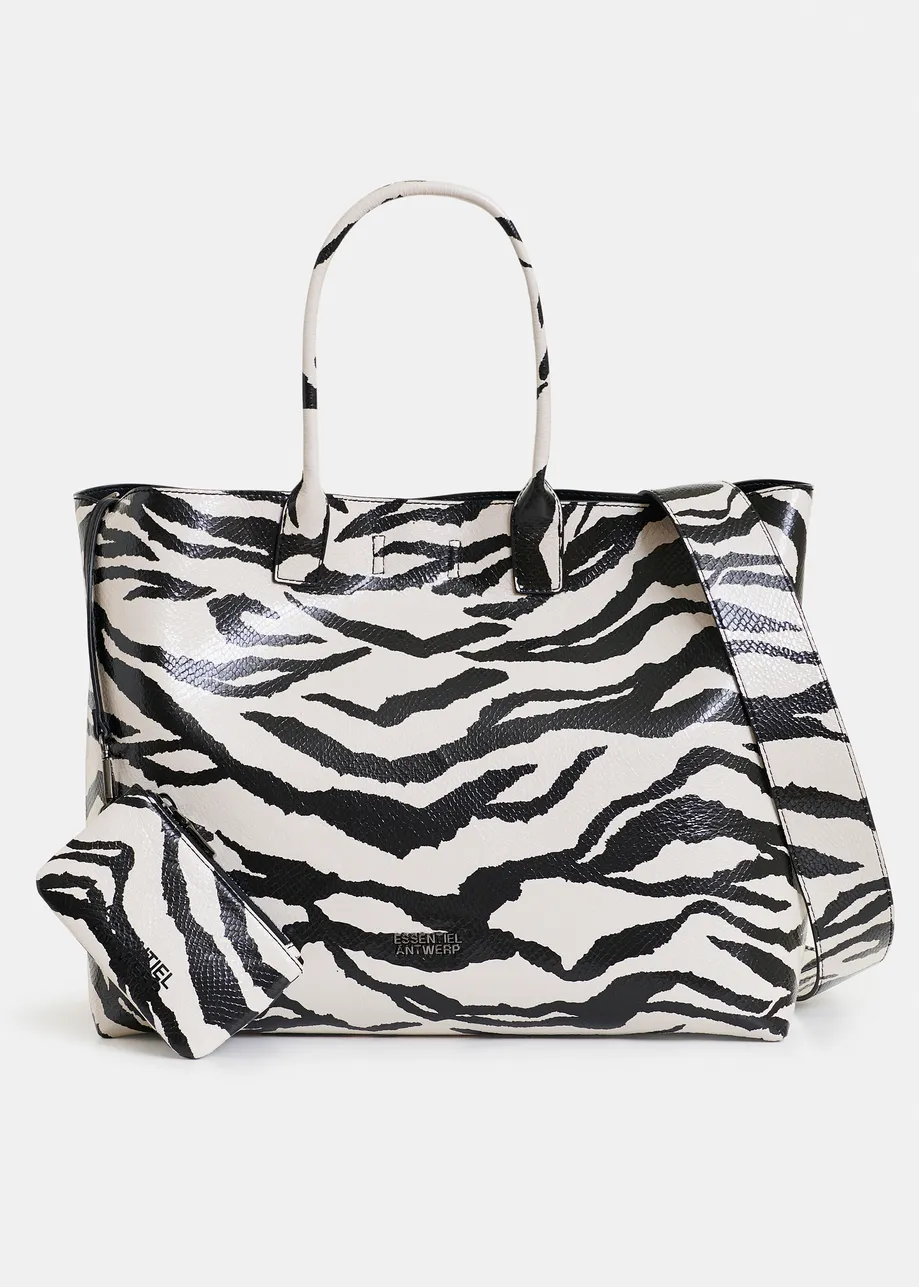 Black and white faux patent-leather zebra print shopper bag