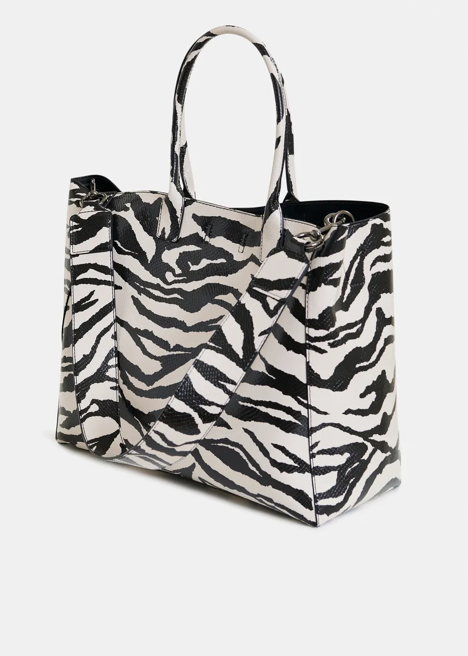 Black and white faux patent-leather zebra print shopper bag