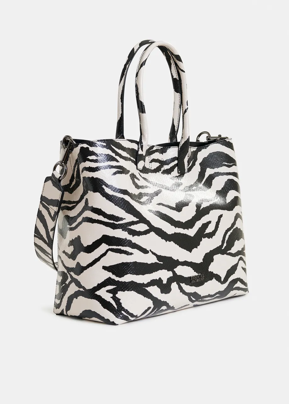 Black and white faux patent-leather zebra print shopper bag
