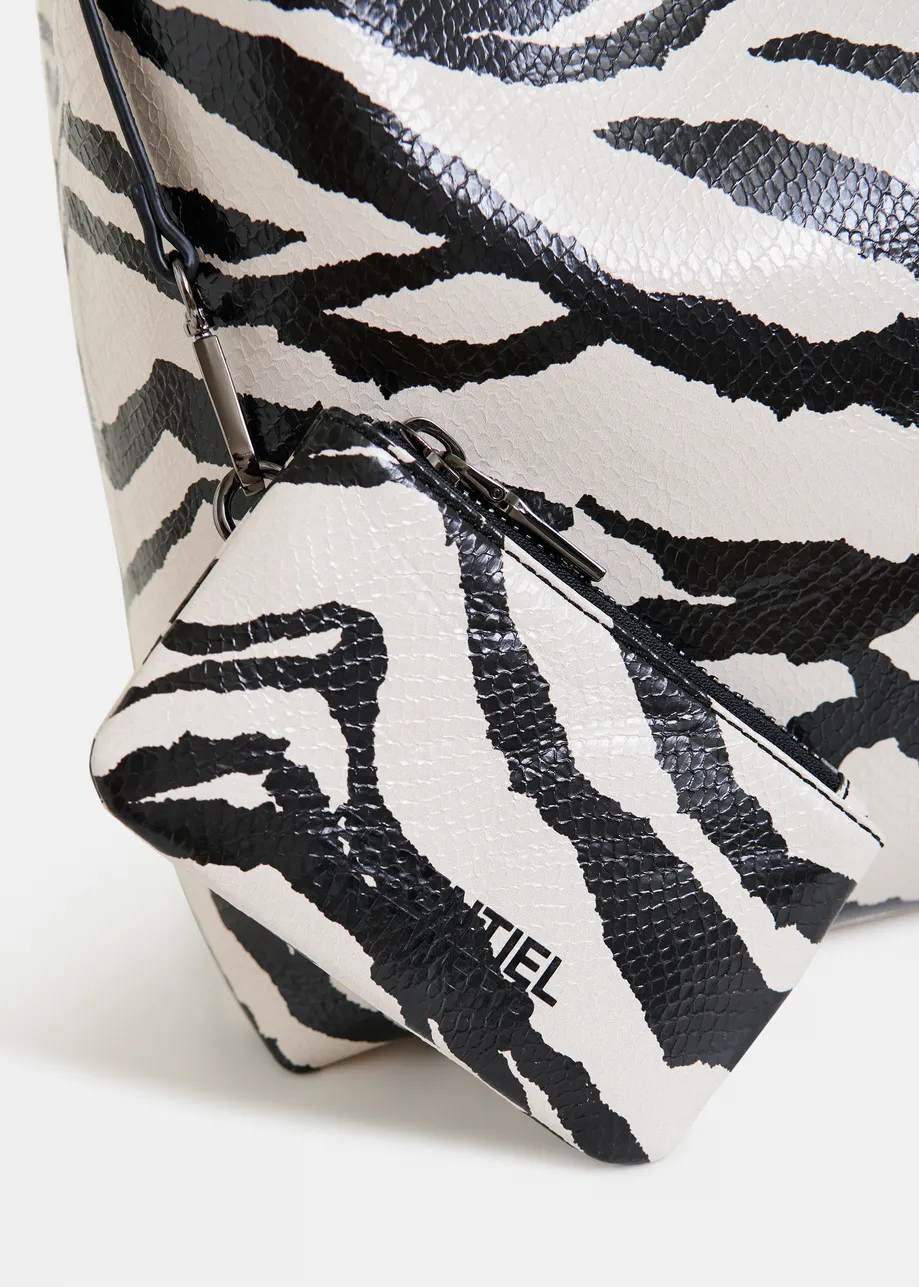 Black and white faux patent-leather zebra print shopper bag