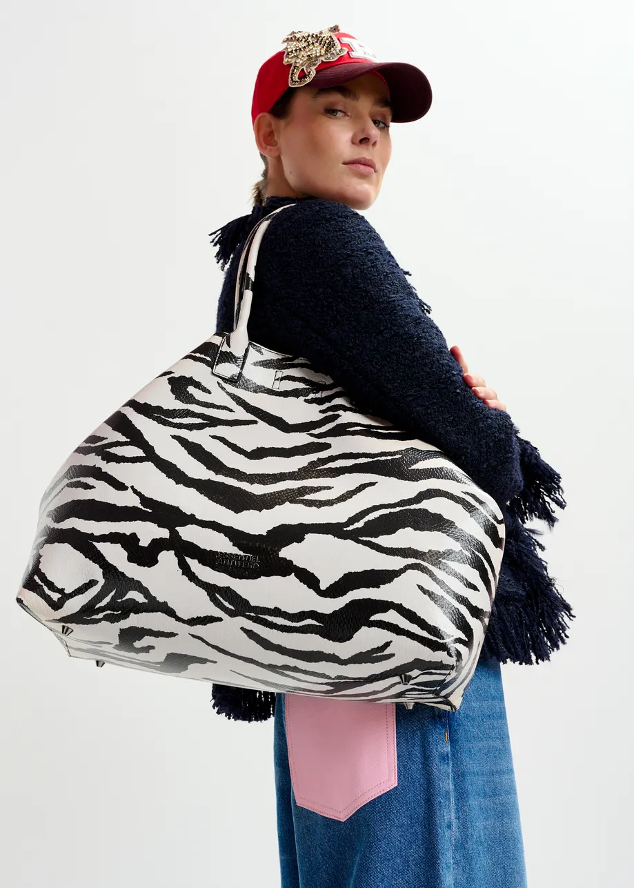 Black and white faux patent-leather zebra print shopper bag