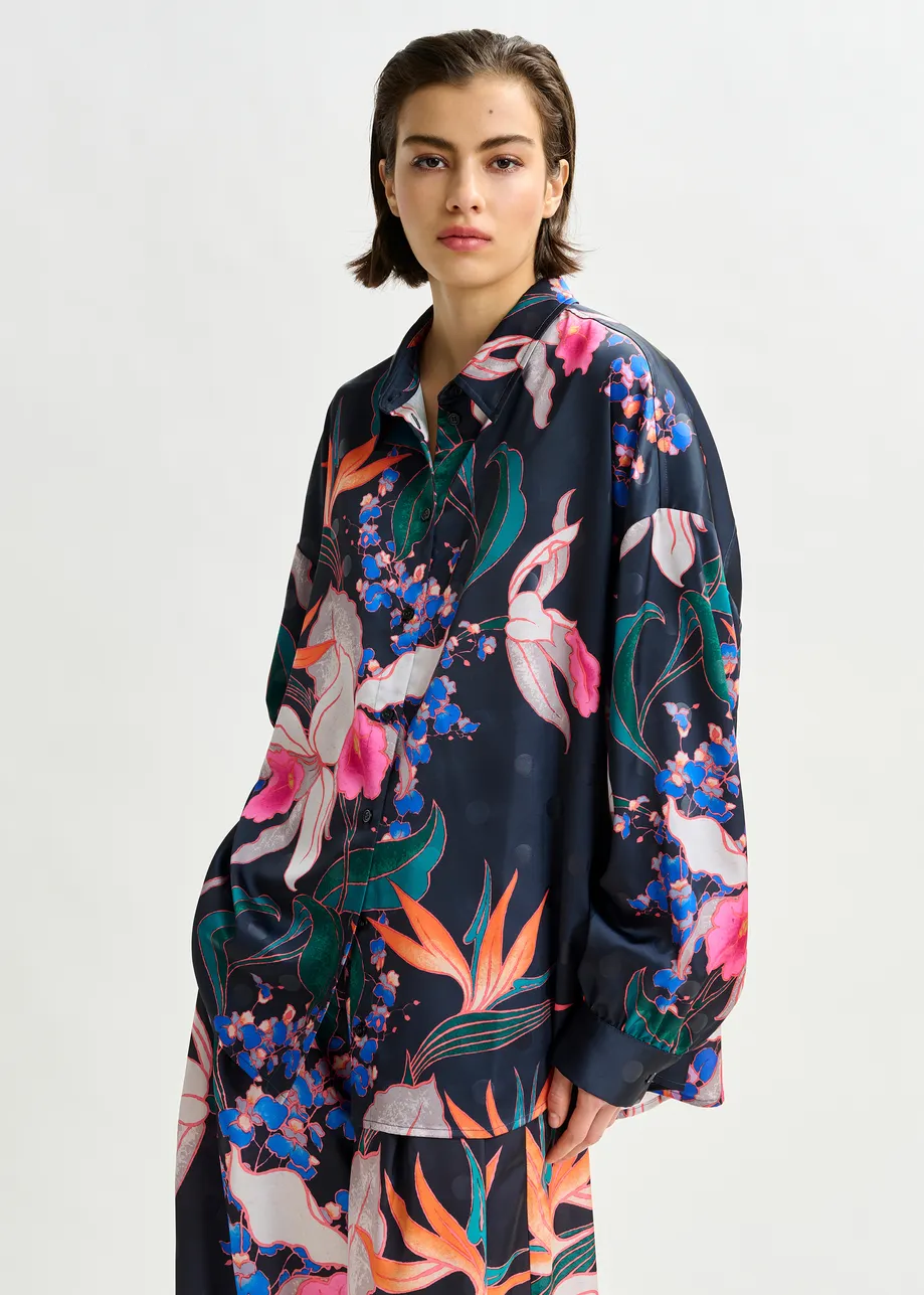 Black and multicolor oversized shirt with pleated cuffs