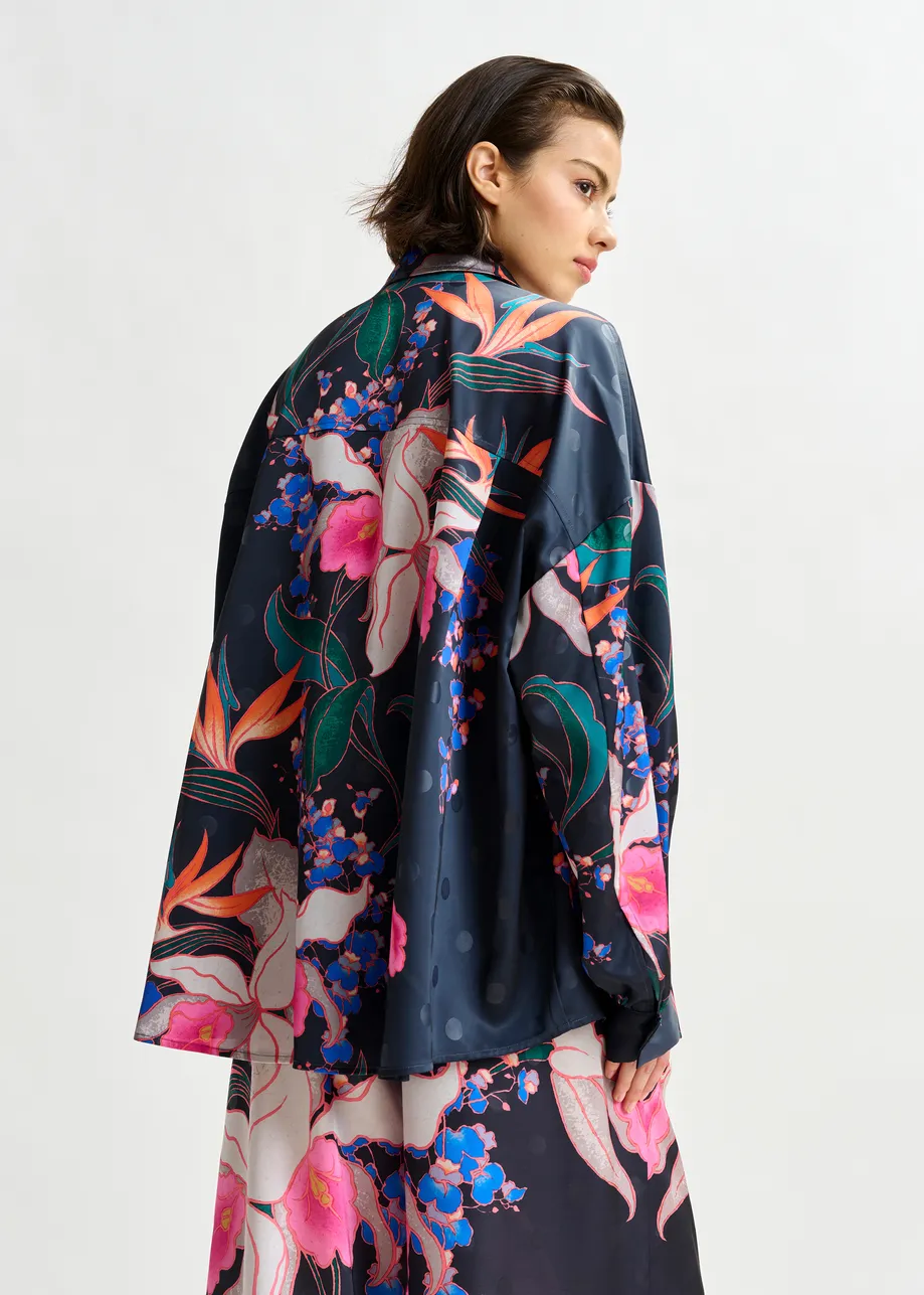 Black and multicolor oversized shirt with pleated cuffs